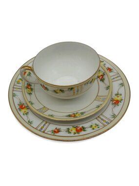 Antique Nippon Porcelain Trio Floral Tea Set Cup Saucer Plate Japan
